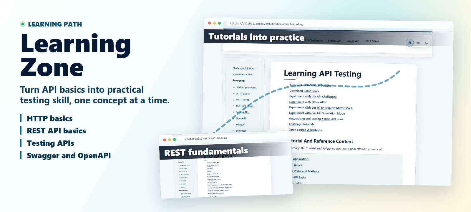 Learning Zone hero image showing the live learning page, REST fundamentals, and the API testing learning path.